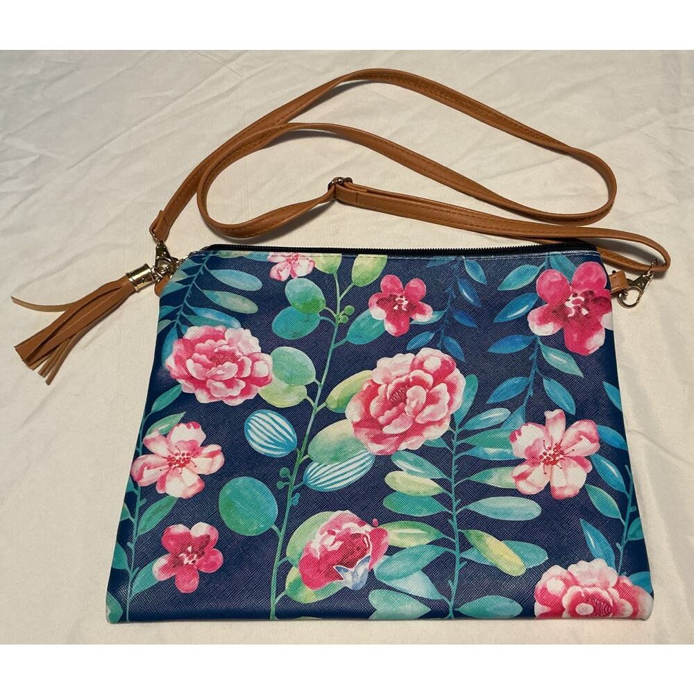 L.I.B. New York Crossbody Blue Pebbled Floral Tropical Zip Purse -size 11” x 9”